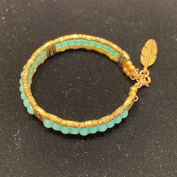 Triple Strand of Light Blue & Gold Beaded Bracelet with Feather Charm - Picture 1 of 7